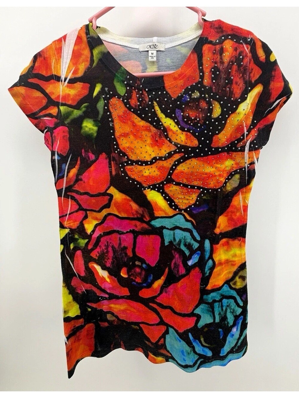 Cache Multicolor Floral Rhinestone Cap Sleeve Scoop Neck Top Size M